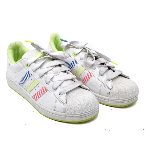 Adidas Superstar Leather Sneakers Running Shoes Neon Stripes Yellow Blue Red - Picture 3 of 12